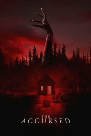 Póster de terror: Braço monstruoso com garras emerge de floresta sob céu vermelho. Cabana com luz e rosto pálido na água escura. Sombrio.