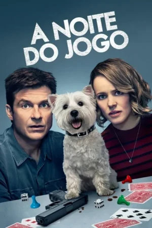 Homem e mulher chocados com cão feliz em mesa de jogos. Cartas, dados e uma pistola indicam uma noite turbulenta.