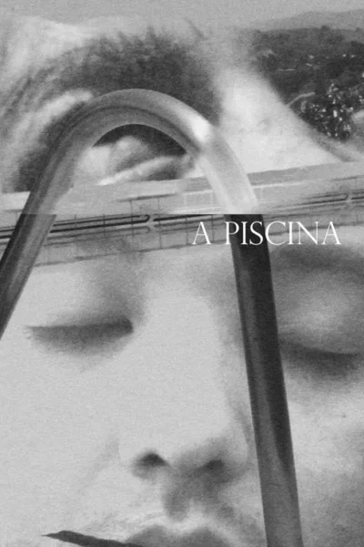 Pôster preto e branco granulado. Rosto de pessoa com olhos fechados, quase submerso. Jatos d'água e tubos curvos criam atmosfera enigmática.