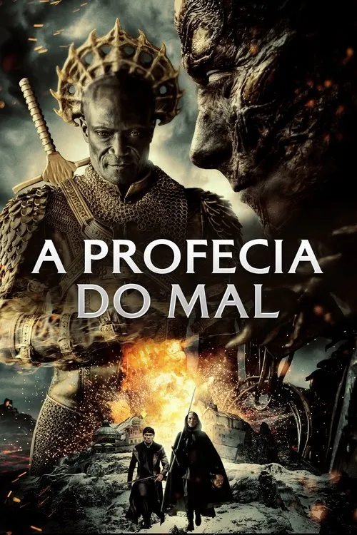 Pôster de fantasia sombria. Homem coroado e monstro grotesco acima,dois heróis caminham em paisagem gélida com explosões.