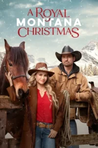 Mulher e homem de chapéu cowboy com cavalo,num rancho nevado nas montanhas. Neve caindo. Clima romântico de inverno.