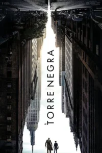 Pôster:Duas figuras,um adulto e uma criança,de costas,entre prédios urbanos sombrios e invertidos,olhando para uma fenda luminosa no centro.