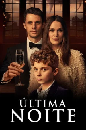 Família elegante (homem com taça, mulher, menino) com olhares sérios. Ao fundo, janelas revelam céu tempestuoso e tornados.
