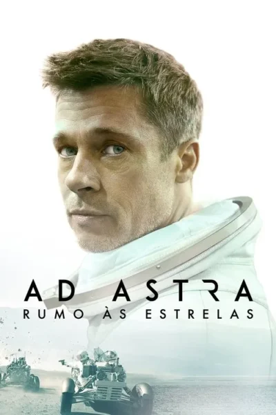 Homem sério em traje de astronauta. Abaixo, uma paisagem árida com veículos e figuras em trajes espaciais, sugerindo exploração sci-fi.