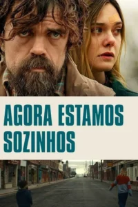 Homem barbudo e mulher com curativo,sérios. Abaixo,rua deserta com duas crianças pequenas. Clima de abandono e isolamento.