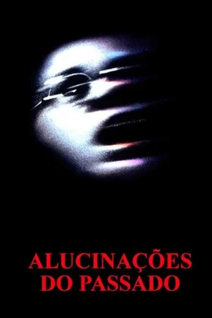 Rosto fantasmagórico com óculos, em tons azul/roxo, emerge da escuridão. Efeito borrado cria atmosfera perturbadora.