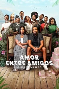 Pôster com grupo diverso e feliz em cenário tropical. Casal central senta, rodeado por amigos sorridentes. Bolo de casamento visível.