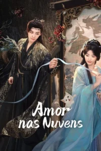 Pôster de fantasia. Homem sombrio com dragão,mulher em azul claro com gatinho. Fita os une em cenário etéreo e romântico.