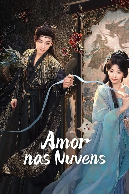 Pôster de fantasia. Homem sombrio com dragão,mulher em azul claro com gatinho. Fita os une em cenário etéreo e romântico.