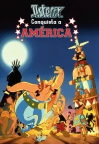 Pôster animado. Obelix e Asterix com nativos americanos em noite de lua cheia,com totem e tipi. Clima de aventura.