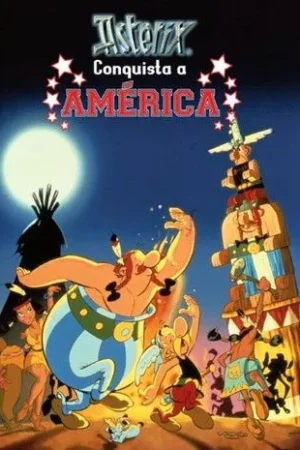 Pôster animado. Obelix e Asterix com nativos americanos em noite de lua cheia, com totem e tipi. Clima de aventura.