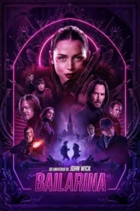 Pôster roxo neon. Mulher com arma e cicatriz lidera elenco sombrio de ação. Cena noturna com igreja e figuras lutando.