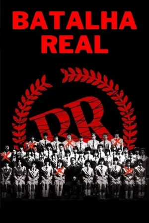 Pôster sombrio. Dezenas de estudantes em uniforme, alguns com X vermelho, sob um emblema de louros em vermelho sobre fundo preto.