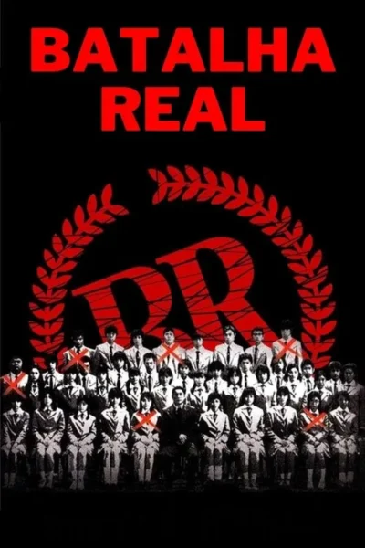 Pôster sombrio. Dezenas de estudantes em uniforme, alguns com X vermelho, sob um emblema de louros em vermelho sobre fundo preto.