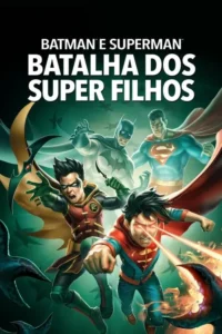 Pôster com Batman,Superman,Robin e Superboy jovem em ação. Superboy atira raios dos olhos. Atmosfera esverdeada,sombria,com morcegos e criaturas.