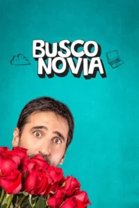 Homem surpreso espreita sobre um buquê de rosas vermelhas. Fundo azul-petróleo com nuvem e laptop desenhados. Clima cômico.