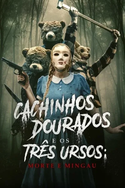 Garota mascarada de azul com arma. Atrás, três ursos ameaçadores com armas em floresta sombria. Clima de terror.