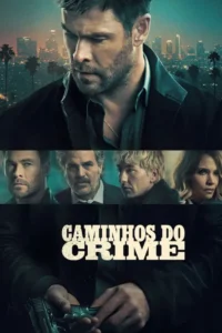 Pôster sombrio:homem barbudo pensativo sobre cidade noturna. Abaixo,4 rostos sérios e mãos carregando arma. Clima de crime/suspense.
