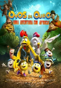 Pôster animado. Galo e galinha lideram ovos felizes correndo em selva vibrante com macacos,leão e vilões ao fundo. Aventura divertida.