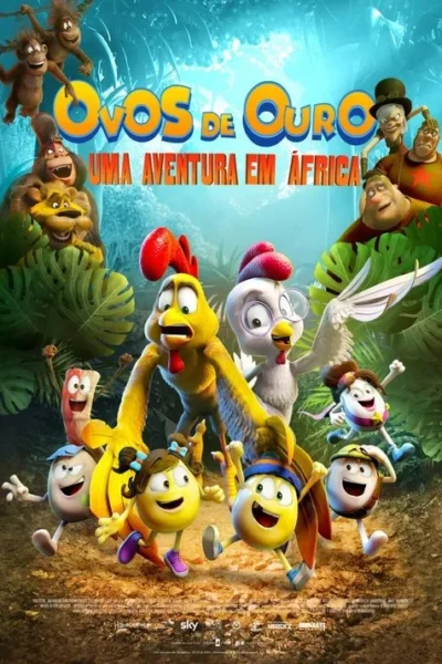 Pôster animado. Galo e galinha lideram ovos felizes correndo em selva vibrante com macacos, leão e vilões ao fundo. Aventura divertida.