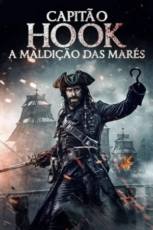 Pirata barbudo com chapéu, gancho e espada em pose desafiadora. Ao fundo, navios em batalha naval e fumaça sob um céu sombrio.