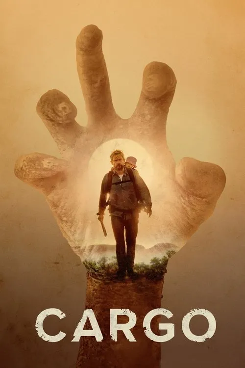 Homem com bebê nas costas e facão caminha em terreno árido. Uma mão gigante e ressecada os enquadra. Clima de sobrevivência.
