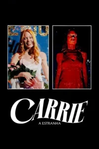 Jovem ruiva sorri com coroa e flores. Ao lado,a mesma mulher,ensanguentada,com olhos intensos,num clima de terror.