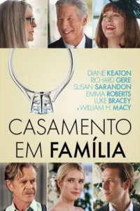Pôster com seis rostos sorridentes em grades:três adultos e três jovens. Grande anel de diamante no centro. Clima romântico familiar.