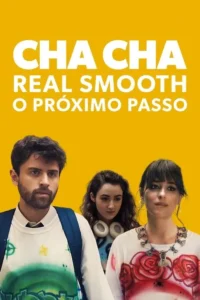 Três pessoas: homem barbudo de mochila, jovem com fones, e mulher de franja e colar. Fundo amarelo vibrante, roupas com grafite.