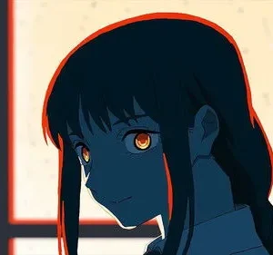 Mulher em silhueta, olhos laranja brilhantes, contorno vermelho e sorriso sutil. Fundo de janela clara. Clima misterioso.