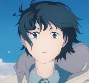 Pôster anime: Jovem de cabelo azul escuro e olhos arregalados em casaco claro, olhando paisagem nevada sob céu azul.