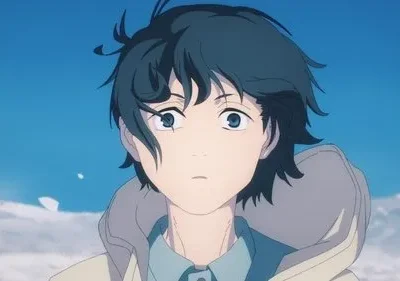 Pôster anime: Jovem de cabelo azul escuro e olhos arregalados em casaco claro, olhando paisagem nevada sob céu azul.