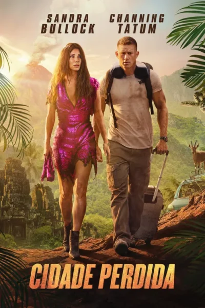 Mulher chocada em vestido pink e homem sério com mochila e mala, caminhando em selva com ruínas, vulcão e animais. Aventura cômica.