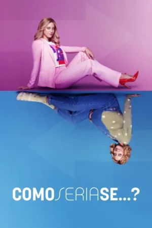 Mulher loira em terno rosa e salto vermelho em fundo rosa. Invertida, ela veste macacão jeans e blusa de bolinhas em fundo azul.