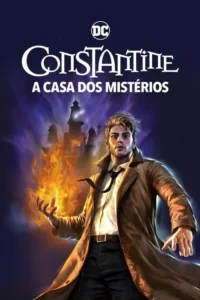 Homem loiro de sobretudo conjura fogo na mão, em frente a uma mansão gótica envolta em névoa roxa. Clima sombrio e mágico.