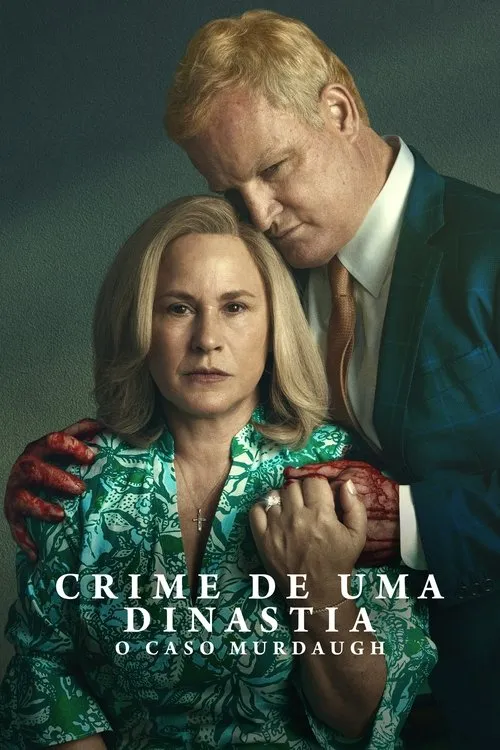 Crime de uma Dinastia:O Caso Murdaugh 1 Mulher séria em primeiro plano,com homem de terno e mãos ensanguentadas nos ombros dela. Clima sombrio e tenso.