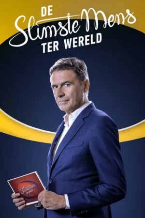 Pôster: Homem de terno azul escuro e camisa branca olha fixamente. Ele segura um item vermelho contra um fundo azul e amarelo curvo.