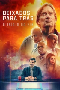 Pôster com 7 personagens sérios: homens e uma mulher. Um jornalista na frente. Fundo com nuvens ardentes e tecnologia, clima tenso.