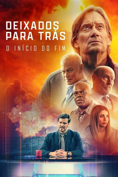 Pôster com 7 personagens sérios: homens e uma mulher. Um jornalista na frente. Fundo com nuvens ardentes e tecnologia, clima tenso.