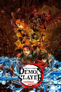 Pôster de anime épico. Muitos heróis e vilões em poses dinâmicas,sobre uma vasta cidade escura e iluminada,com efeitos de água azuis.