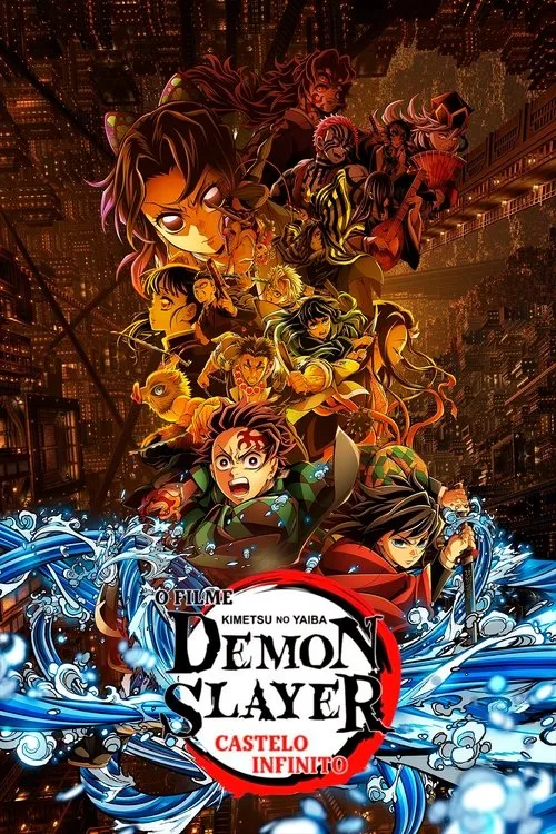 Demon Slayer:Kimetsu no Yaiba Castelo Infinito 1 Pôster de anime épico. Muitos heróis e vilões em poses dinâmicas,sobre uma vasta cidade escura e iluminada,com efeitos de água azuis.