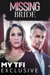 Pôster: Mulher com expressão séria e homem de olhar intenso em fundo escuro e listrado. Atmosfera de suspense e drama.