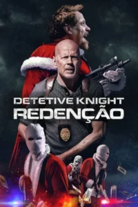 Pôster com detetive calvo sério,Papai Noel barbudo agressivo com arma e bandidos mascarados de Papai Noel. Cenário escuro de ação.