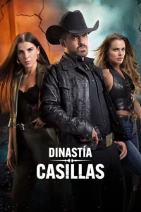Um homem de chapéu cowboy e duas mulheres com expressão séria, em roupas de couro, contra um fundo escuro e rachado.