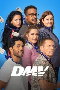 Um grupo diverso de 6 pessoas com crachás do DMV e expressões mistas,sobre fundo azul. Clima de comédia de escritório.