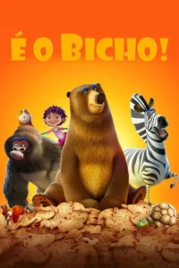 Pôster animado:urso pardo,gorila,zebra sorridente,garota e pequenos animais sobre um monte de biscoitos,fundo laranja. Alegre e divertido.