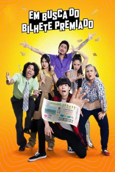 Seis pessoas com expressões surpresas e desesperadas. Um jovem segura um bilhete de loteria em destaque. Dinheiro flutua em fundo amarelo vibrante.