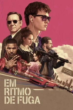 Jovem de óculos e fones lidera elenco diverso de 6, com armas e expressões sérias. Carro vermelho, perseguição urbana e cidade de Atlanta.