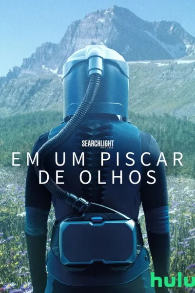Pessoa de costas em traje futurista azul, olhando montanhas e campo florido. Atmosfera misteriosa e exploratória.