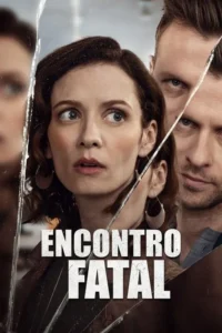 Mulher aterrorizada olha para o lado. Homem sério atrás,observando. O cartaz é quebrado por rachaduras de vidro,clima tenso.